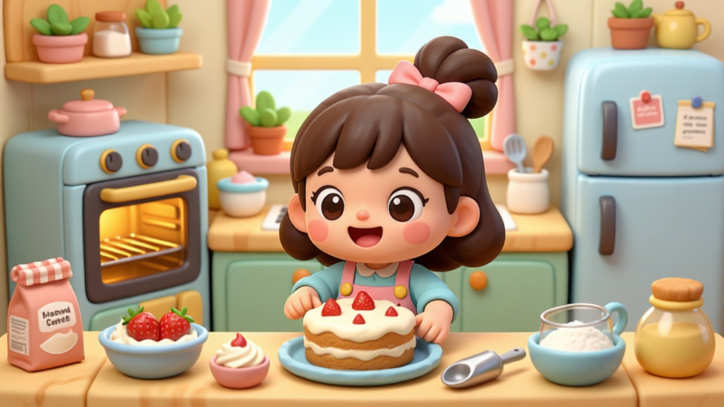 ���壺һ����ܰ�ɰ��Ŀ�ͨС����������ǰ������Ϸ����СŮ�����ڲ���̨ǰ���ĵ��������⡣���֣����Ĺ�ͼ�������豸�翾�䡢���䡢����̨�������ܣ������η������Ű棺���汥����ɫ������������λ���Ӿ����㡣������¿�ͨ�磬����Բ��ɫ����ͣ����ƶ�ͯ�汾�廭�ʸС�ϸ�ڣ�����̨�ϰڷ��Ų�ݮ�����͡���۵�ʳ�ģ�������͸�����ɫ��â�������д�������ֲ�����ʣ�������Ⱦ���ɾ��޶���Ԫ�ء�