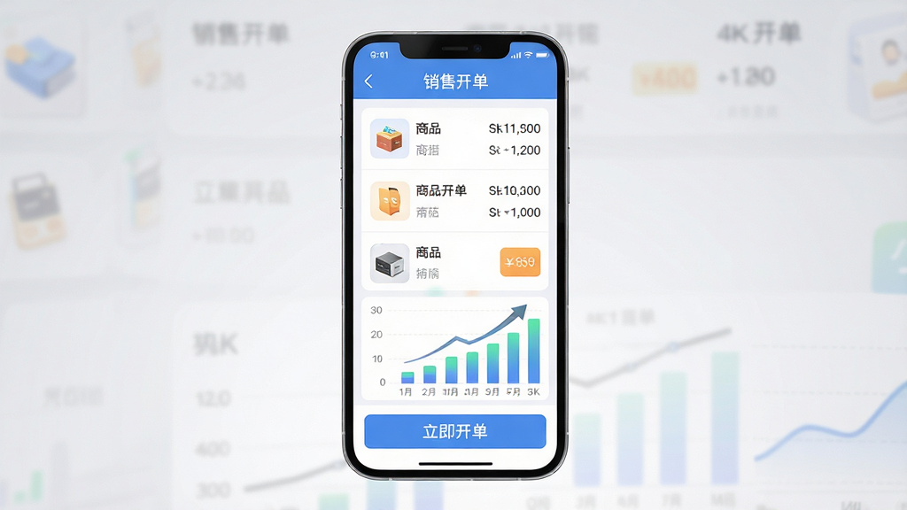 主体:一部智能手机屏幕显示“销售开单”软件主界面,界面中有商品列表、开单按钮和清晰的销售数据图表。布局:手机居中,屏幕内容清晰可见,背景为干净的浅灰色渐变。排版:界面元素排列整齐,顶部有“销售开单”字样,中间是商品条目和价格,底部有“立即开单”按钮。风格:写实3D渲染风格,明亮通透。细节:屏幕高光反射,界面图标精致,数据图表柱状图显示增长趋势,画质:4K超清,干净,无多余元素。
