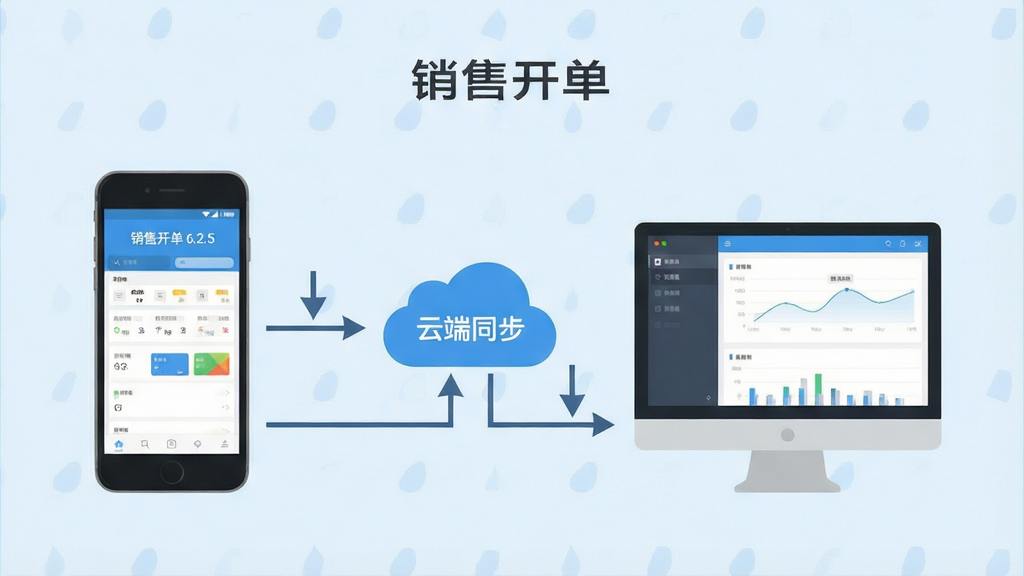 主体:一张图解手机与电脑同时使用“销售开单”软件的流程图,手机端显示开单界面,电脑端显示后台数据。布局:左侧手机,右侧电脑,中间有云朵图标表示数据同步。排版:流程箭头指示数据上传与下载。风格:简约扁平化风格,浅蓝色背景。细节:云朵图标上写有“云端同步”,手机屏幕上有“销售开单 6.2.5”字样。画质:高清,干净,无多余元素。