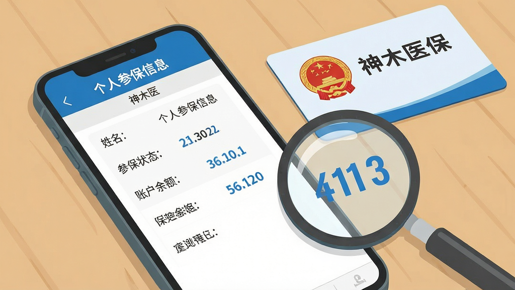 主体:手机特写屏幕显示神木医保“个人参保信息”页面,包含姓名、参保状态、账户余额等条目。布局:手机平放于桌面,旁边放置医保卡与放大镜。排版:页面列表条理清晰,关键数字用蓝色突出。风格:干净简洁的扁平插画风。细节:医保卡上印有国徽与“神木医保”字样,放大镜对准余额数字。画质:高分辨率,干净,无多余元素。