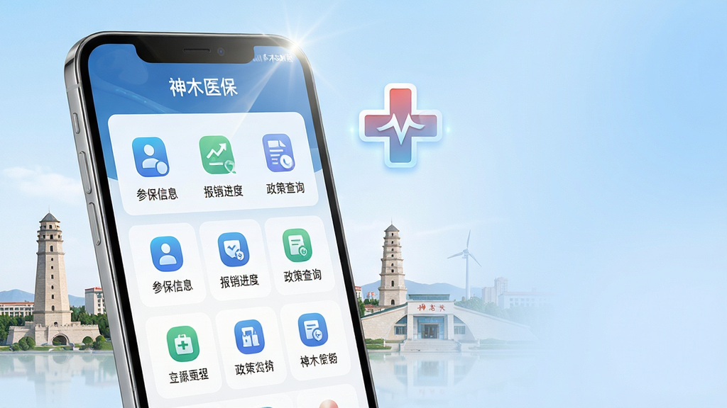 主体:智能手机屏幕展示神木医保应用界面,界面显示医保账户余额与功能菜单,背景为神木市城市地标与医疗十字标志。布局:手机居中偏左,屏幕内容清晰,右侧留白搭配柔和蓝色渐变背景。排版:应用列表图标整齐排列,界面文字“神木医保”置于屏幕上方。风格:写实与科技感结合,明亮通透。细节:手机屏幕反射微光,界面图标包含“参保信息”“报销进度”“政策查询”等字样。画质:4k,干净,无多余元素。