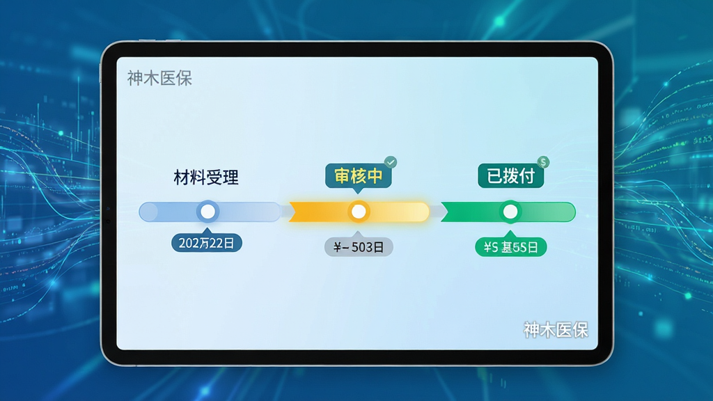 主体:平板电脑展示报销进度条,从“材料受理”到“审核中”再到“已拨付”三个阶段。布局:平板居中,背景为抽象医疗数据流动线条。排版:进度条横向排列,当前状态高亮显示“审核中”。风格:现代科技感插画。细节:屏幕角落有“神木医保”水印,进度条上附有日期与金额标签。画质:清晰,干净,无多余元素。