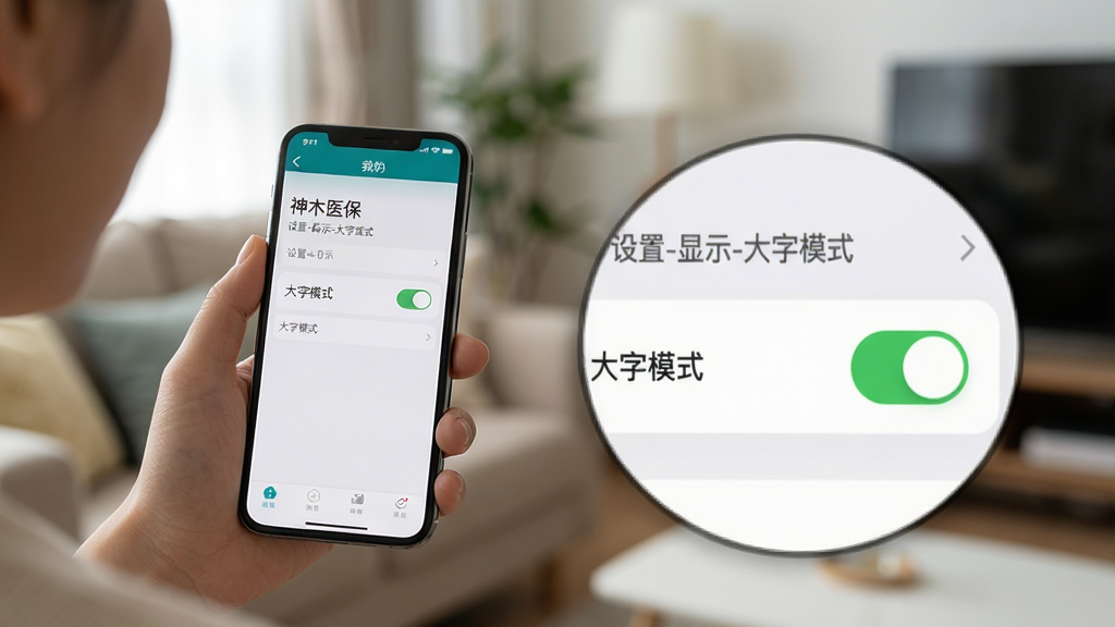 主体:双手持手机展示神木医保应用“我的”页面,页面有“大字模式”开关。布局:人物位于左侧,手机屏幕朝向镜头,背景为家庭客厅环境。排版:屏幕放大显示设置选项,开关处于开启状态。风格:写实生活化摄影。细节:界面出现“设置-显示-大字模式”字样,背景虚化。画质:高清,干净,无多余元素。