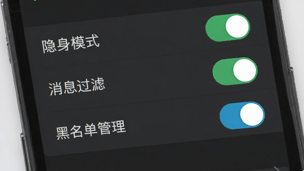展示闪粒app隐私设置面板的界面截图,主体为手机屏幕中的设置列表,包含“隐身模式”、“消息过滤”、“黑名单管理”等选项开关,布局简洁清晰,背景为深灰色,风格稳重安全,细节采用绿色与蓝色表示开启状态,画质清晰,无多余元素