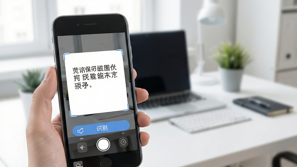 扫描文字提取软件主界面展示,手机屏幕中显示文字识别功能按钮与拍照框,背景为简洁的办公室桌面,风格现代,排版清晰,画质高清干净,无多余元素