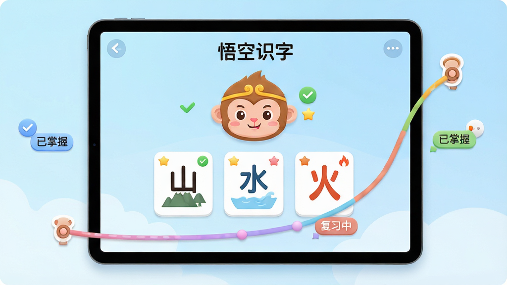 画面主体为一块平板电脑屏幕,屏幕上展示“悟空识字”的复习界面,界面中有一个可爱的孙悟空头像和几个汉字卡片,卡片上写有“山”、“水”、“火”等字,并配有简单图示。布局为屏幕居中,周围环绕着代表记忆曲线的彩色线条与图标。排版清爽,界面UI设计圆润友好,背景为浅蓝色渐变。风格为扁平化结合轻微拟物,色彩柔和。细节上,孙悟空头像旁有对勾和星星图标,记忆曲线清晰标注“已掌握”、“复习中”标签。画质高清,画面干净无多余元素。
