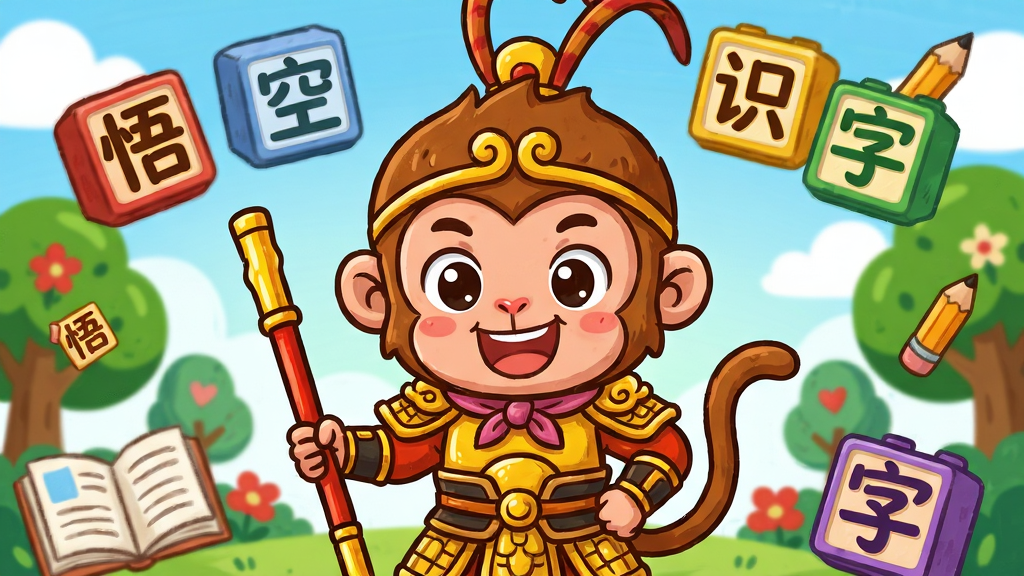 画面主体为活泼可爱的卡通孙悟空形象,身穿金甲战袍,手持金箍棒,笑容灿烂地站在一片充满童趣的识字乐园中央,四周漂浮着带有“悟空识字”字样的彩色汉字积木块。布局采用中心构图,主体突出,背景是蓝天白云、绿树红花,点缀着书本、铅笔等学习元素。排版简洁明快,卡通手绘风格,色彩鲜艳饱和,线条圆润流畅。细节上,孙悟空眼部炯炯有神,服装纹理清晰,字体积木块有立体感且字迹工整。画质高清,画面干净无多余元素。