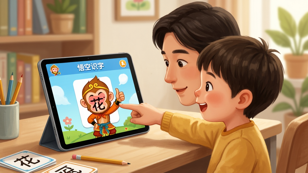 画面主体为一位家长与孩子并肩坐在书桌前,共同使用一台平板电脑,屏幕上显示“悟空识字”的互动游戏界面,家长指着屏幕上的“花”字,孩子开心地跟读。布局为侧视构图,人物位于画面中下部,电脑屏幕朝向读者。排版温馨自然,背景为居家书房,有书架和绿植。风格为写实插画结合轻微卡通,色调温暖柔和。细节上,家长与孩子表情专注愉快,屏幕中孙悟空竖起大拇指,桌面有铅笔和识字卡片。画质高清,画面干净无多余元素。