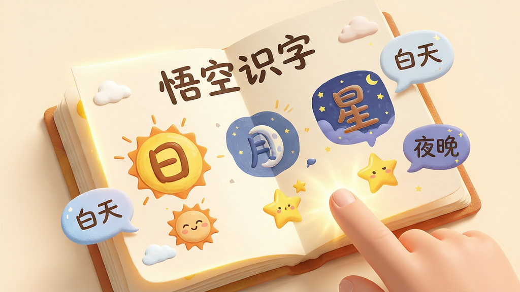 画面主体为一只手指轻轻点触一本立体书页,书页上写有“悟空识字”标题,并展开呈现“日”、“月”、“星”等汉字及其对应的太阳、月亮、星星卡通图案,旁边还有“白天”、“夜晚”等词语气泡。布局为俯视视角,书本占据画面中心,手指从右下角伸入。排版生动,图文对应清晰。风格为3D渲染结合手绘元素,色彩温暖明亮,质感细腻。细节上,书页翻起处有微光效果,词语气泡边缘柔和。画质高清,画面干净无多余元素。
