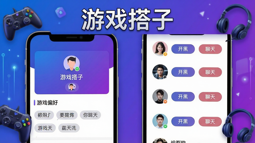 一张展示《游戏搭子》软件核心功能的宽幅宣传图片,主体为手机界面截图拼贴,居中排版,左侧展示用户个人资料卡片与游戏偏好标签,右侧展示智能匹配推荐的玩家列表,每位玩家头像旁配有“开黑”、“聊天”等互动按钮。背景采用渐变的蓝紫色科技感光效,点缀游戏手柄、耳机等元素。整体风格现代简洁,画质清晰,干净,无多余元素,图片上需醒目显示“游戏搭子”字样。