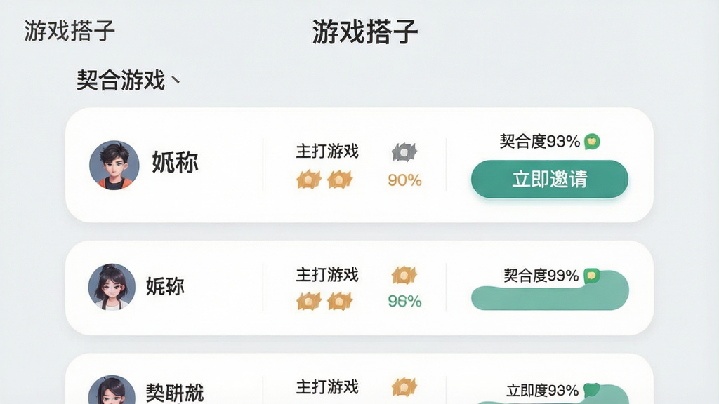 一张功能展示图,主体为《游戏搭子》软件内的匹配结果界面,采用列表布局排版。每个匹配卡片清晰展示玩家昵称、头像、主打游戏、段位图标以及契合度百分比。背景为干净的浅灰色,卡片设计柔和圆角,风格清爽素雅。界面中应突出显示“契合度93%”等字样,并配有“立即邀请”的醒目按钮。画质干净,无多余元素,图片上需显示“游戏搭子”软件名称。