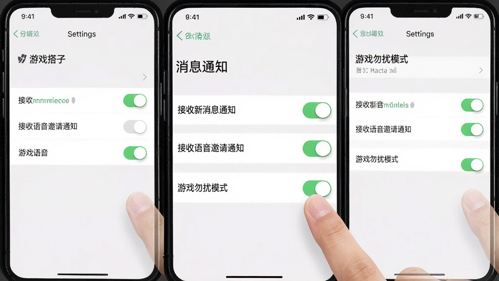 一张纵向的手机屏幕截图,展示《游戏搭子》软件的“消息通知”设置页面,页面内有“接收新消息通知”、“接收语音邀请通知”、“游戏勿扰模式”等开关选项。背景为系统设置风格,简洁清晰,手指正点击“游戏勿扰模式”选项。画质高清,干净,无多余元素。