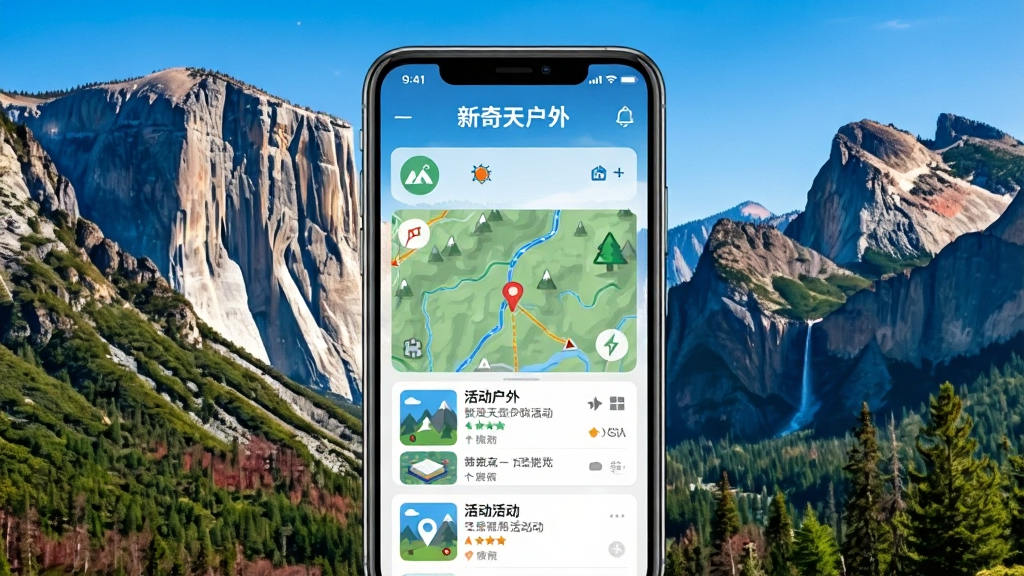 主体:新奇天户外APP界面展示,手机屏幕显示户外地图与活动列表。布局:手机居中,背景为壮丽的山脉与森林,天空湛蓝。排版:界面清晰,功能图标明显,屏幕上方有“新奇天户外”字样。风格:写实与科技感结合,色彩明亮,画质高清,干净无多余元素。