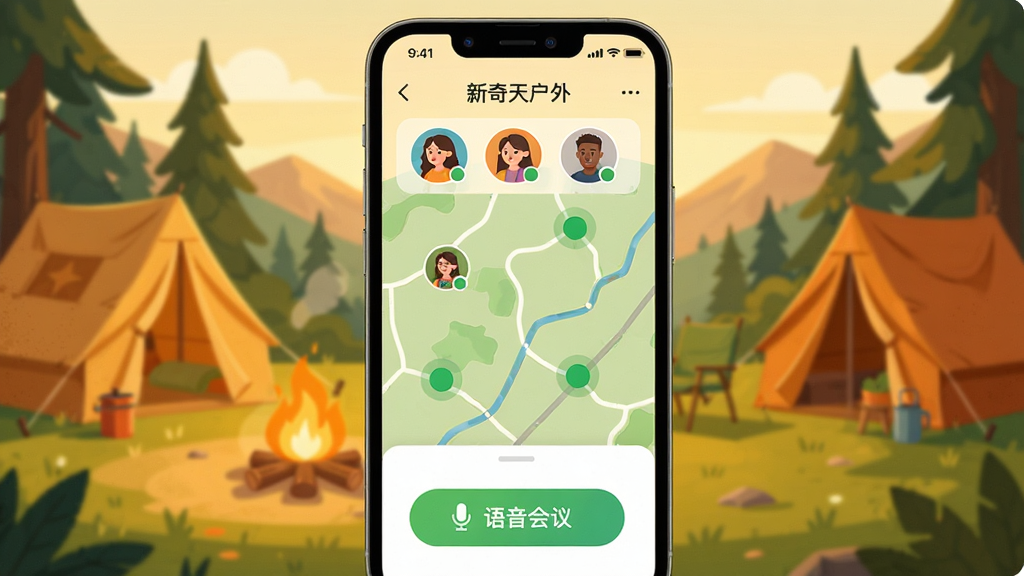 主体:新奇天户外APP的组队界面,显示多位用户头像与实时位置地图。布局:手机屏幕为主,背景为户外营地场景,有帐篷与篝火。排版:地图上显示队友绿色圆点,底部有“语音会议”按钮。风格:温暖明亮的插画风,色彩和谐,细节精致,画质干净无多余元素。