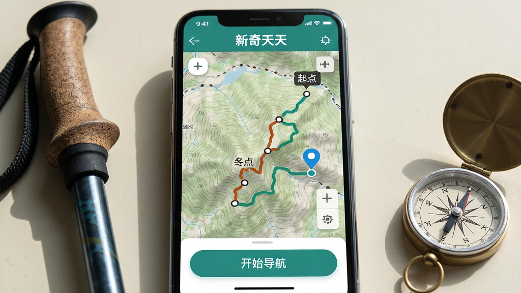 主体:新奇天户外APP的路线规划界面,显示等高线地图与推荐轨迹。布局:手机屏幕占据画面主体,旁边有登山杖与指南针道具。排版:地图上清晰标注起点、终点与途经点,下方有“开始导航”按钮。风格:户外写实风,光线自然,细节丰富,画质清晰,干净无多余元素。