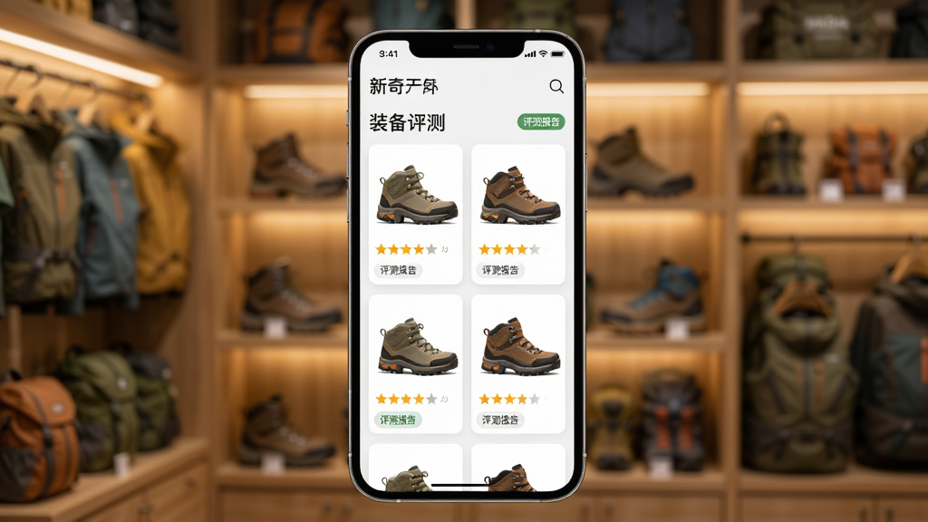 主体:新奇天户外APP的装备评测页面,展示多款登山鞋对比。布局:手机屏幕居中,背景为户外用品店货架,灯光柔和。排版:屏幕内商品卡片排列整齐,有评分星级与“评测报告”标签。风格:产品摄影风格,光影通透,细节清晰,画面干净无多余元素。