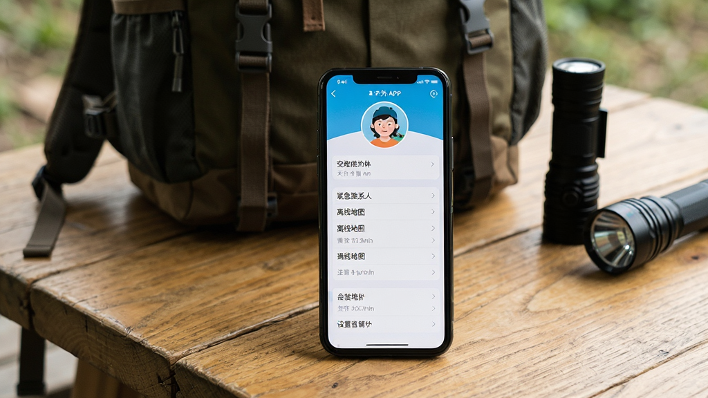 主体:手机安装新奇天户外APP,屏幕显示用户头像与设置菜单。布局:手机置于木桌上,背景为户外背包与手电筒。排版:屏幕内设置选项清晰可见,有“紧急联系人”、“离线地图”等条目。风格:自然光摄影,画面干净,细节丰富,无多余元素。
