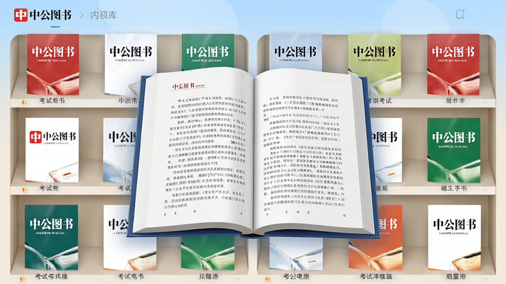 中公图书APP内容库界面,书架上整齐排列着各类考试科目电子书籍封面,中央放大展示一本打开的电子书,内页文字清晰,背景为简洁的浅蓝色渐变,突出“中公图书”的丰富资源,整体构图专业,画质高清新,无多余杂物