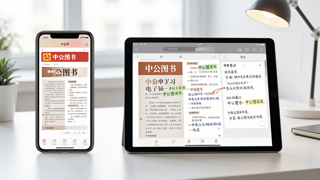 中公图书APP在手机和平板上同步显示学习界面的场景,左侧为手机,右侧为平板,屏幕中清晰展示“中公图书”的电子教材和笔记标注功能,桌面整洁,光线明亮,科技感与学习氛围融合,画质高清,构图平衡,无多余元素