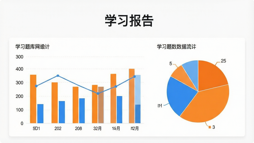 一建题库网学习报告页面截图,展示柱状图与饼图统计的做题数据,顶部有“学习报告”标题文字,整体背景为白色,配以橙色和蓝色的数据图表,风格扁平化,排版清晰,高质量渲染,画面干净无多余元素
