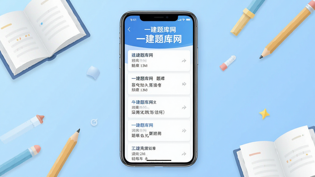 一张以“一建题库网”为核心画面的手机应用界面预览图,手机屏幕居中展示题库列表,背景为淡蓝色渐变,配以书本、铅笔等学习元素,画面简洁明亮,UI设计现代,界面排版清晰,高清画质,干净无多余元素