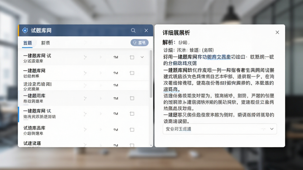 一建题库网软件功能展示图,左侧为试题列表,右侧显示详细的文字解析内容,背景虚化处理突出主体,采用分屏布局,风格写实,细节丰富,画质清晰,干净无多余元素
