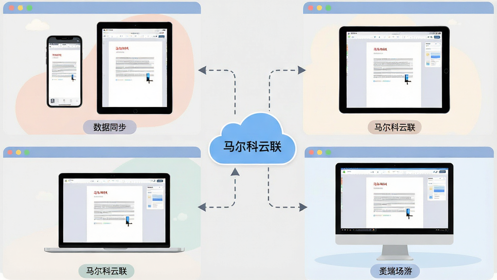 主体:马尔科云联多端漫游场景展示,画面分为四个窗口分别展示手机、平板、笔记本、台式机屏幕,屏幕内显示同一个文档编辑界面,光标位置一致。布局:四个窗口呈田字形排列,中心有云朵图标连接四台设备。排版:每个窗口下方有设备名称小标签,中心云朵带有“马尔科云联”字样。风格:扁平插画风格、柔和配色。细节:窗口之间有虚线箭头连接表示数据同步,背景为浅灰色。画质:清晰,干净,无多余元素。