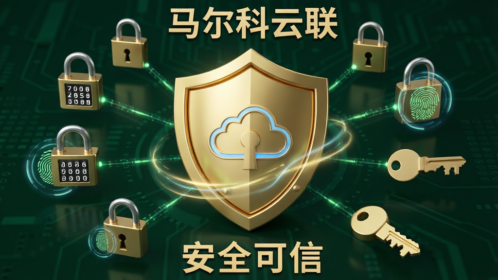 主体:马尔科云联企业级安全防护概念图,中心是一个金色盾牌,盾牌内嵌有云朵图标,周围环绕着锁头、指纹、密钥等安全元素。布局:盾牌居中,安全元素呈放射状分布,背景为深绿色科技背景。排版:盾牌上方有“马尔科云联”字样,下方有“安全可信”四个字。风格:3D渲染、金属质感。细节:盾牌表面有微光流动,锁头带有数字密码,指纹带有光圈。画质:超清,干净,无多余元素。
