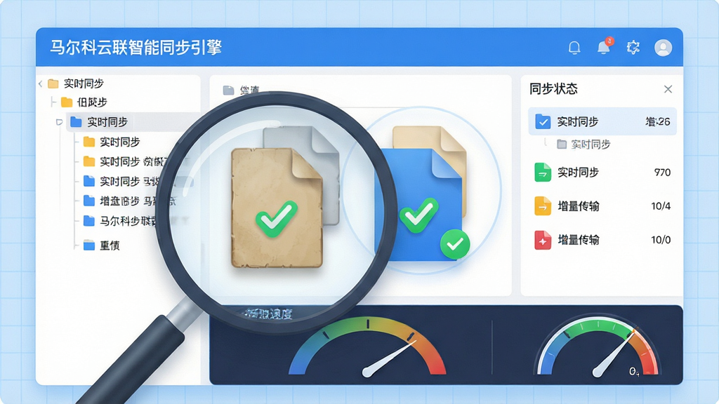 主体:马尔科云联智能同步引擎的抽象可视化界面,前景是一个放大镜正在扫描一组文件图标,文件图标从旧版本变为新版本,带有绿色对勾。布局:左侧为文件树,右侧为同步状态面板,底部为速度仪表盘。排版:界面扁平化设计,文字标签清晰标注“实时同步”“增量传输”。风格:现代UI设计、明亮色调。细节:文件图标带有细微阴影,仪表盘指针指向高速区,背景有淡蓝色网格。画质:高清,干净,无多余元素。