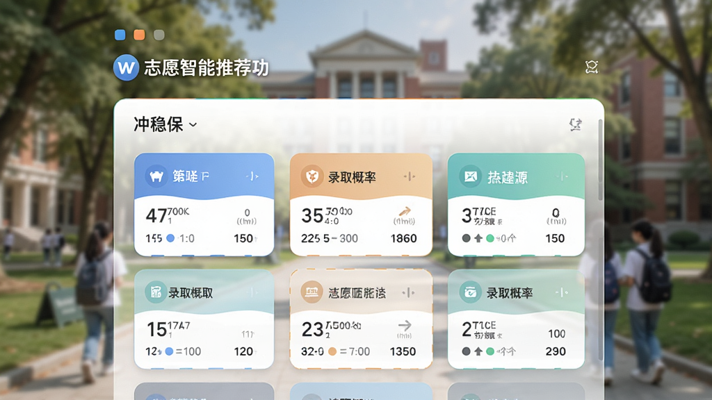 we志愿智能推荐功能界面截图预览,界面显示“冲稳保”梯度列表,各院校卡片清晰标注历年分数与录取概率,背景为模糊的校园场景,UI设计简洁现代,主体突出,布局规整,画质高清,细节精致,无多余元素