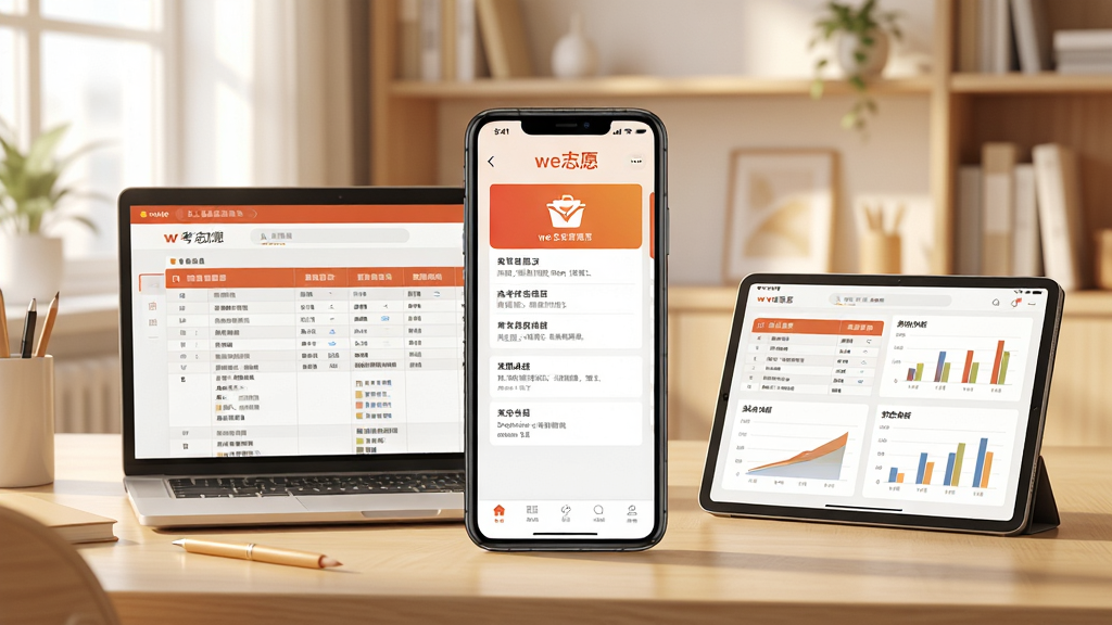 画面以“we志愿”APP界面为核心,背景为现代简约风格的明亮书房,桌面摆放着笔记本电脑与平板,屏幕中显示着清晰的高考志愿填报表格与数据分析图表,主体突出,布局平衡,暖色调为主,高清渲染,细节丰富,画质干净无多余元素