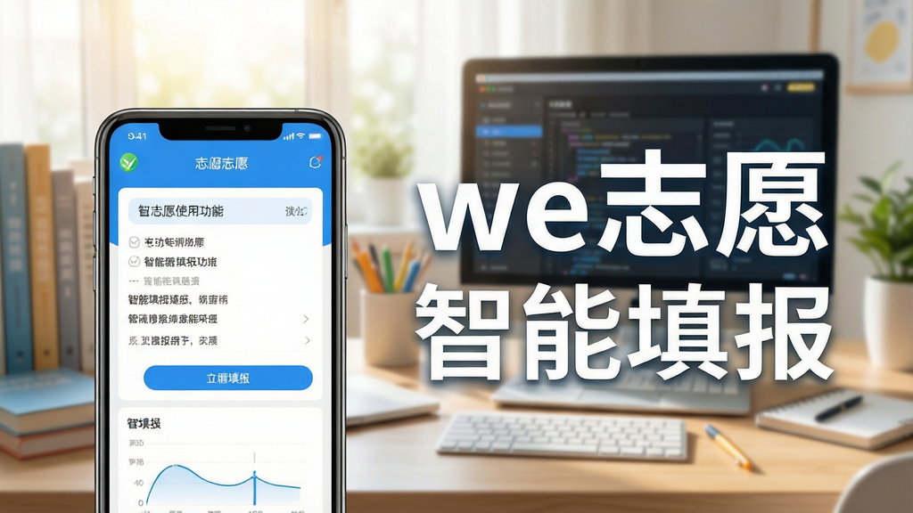 we志愿使用指南宣传图,以手机界面为前景,展示应用内智能填报功能,背景为书桌与电脑,整理风格明亮,文字“we志愿”与“智能填报”清晰可见,画质高清,构图平衡,细节丰富,无多余元素