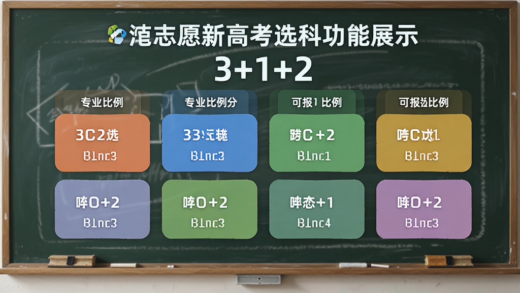 we志愿新高考选科功能展示,界面呈现“3+1+2”模式的选科组合示意图,以不同颜色的模块代表学科并标注可报专业比例,背景为教室黑板,主体突出,排版清晰,插画风格干净,画质细腻,无多余元素