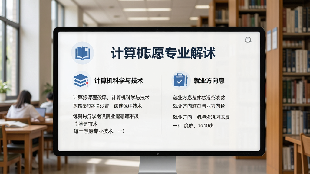 we志愿专业解读页面,屏幕展示“计算机科学与技术”专业的课程设置与就业方向信息,辅以简洁的图标与文字排版,背景为高校图书馆一角,主体明确,布局清晰,风格清爽,画质卓越,无多余干扰元素