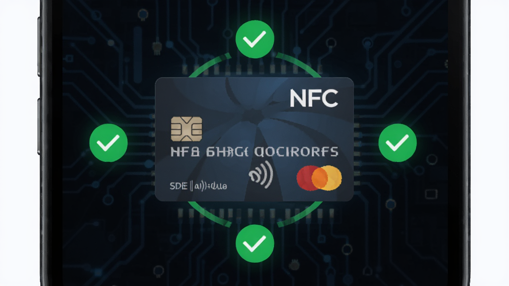 手机NFC读扫主界面预览图,深色科技感UI设计,中央展示一张模拟的银行卡卡片,周围环绕着读写成功的绿色对勾图标,背景为电路板纹理,风格简洁现代,画质清晰干净,无多余元素