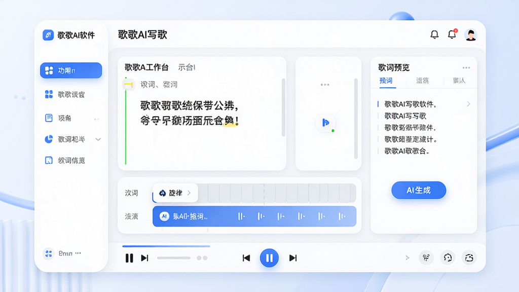 主体:歌歌AI写歌软件界面展示,中央是歌曲创作工作台,有歌词编辑区和旋律轨道;布局:左侧为功能导航栏,右侧为歌词预览区,底部有播放控制条,整体界面层次分明;排版:采用卡片式布局,模块间距舒适,白色背景搭配蓝色点缀;风格:现代简约科技风,UI设计圆润流畅,图标简洁清晰;细节:屏幕中显示“歌歌AI写歌”字样与示例歌词,高亮显示AI生成按钮;画质:高清渲染,明亮通透,干净无多余元素。