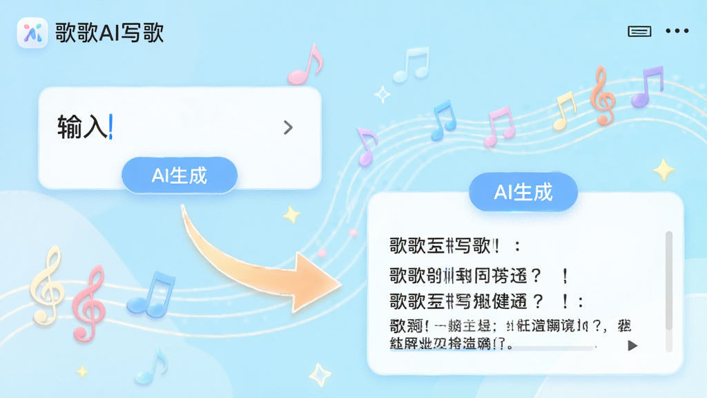 主体:歌歌AI写歌的AI填词功能截图,展示输入主题后自动生成歌词的过程;布局:左上方为输入框,右下方为生成结果区域,用箭头连接;排版:简洁的分栏设计,高亮显示“AI生成”按钮;风格:明亮清新的插画风,带有音符和旋律线条装饰;细节:歌词文字清晰可见,界面标注“歌歌AI写歌”LOGO;画质:干净细腻,色彩柔和,无多余元素。