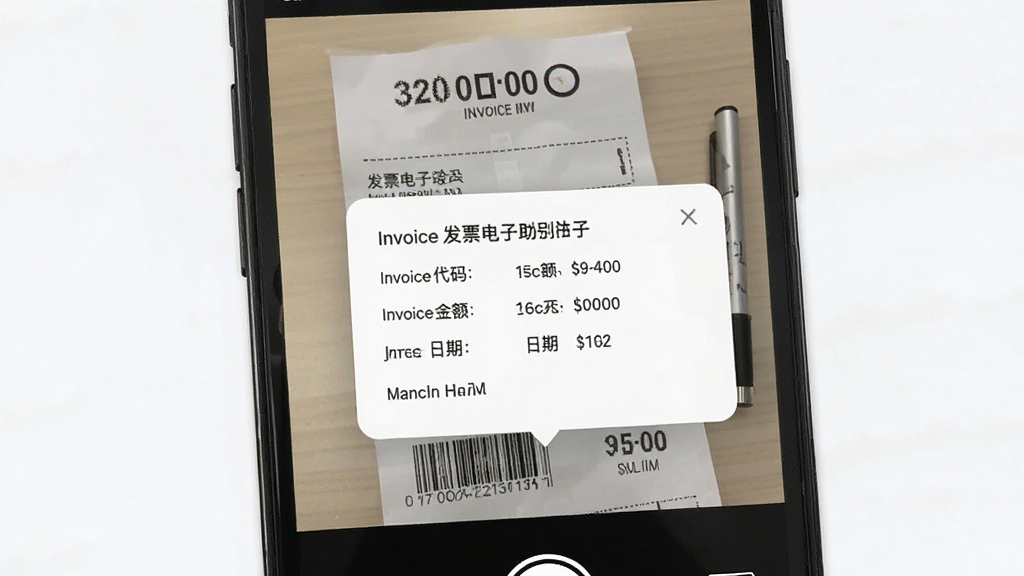 发票电子助手发票智能识别功能演示,手机摄像头对准发票拍照,屏幕显示识别结果弹窗,识别出发票代码、金额、日期等关键字段,界面简洁明亮,操作流畅,高清细节,干净无多余元素