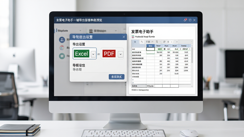 发票电子助手一键导出报销单功能预览,电脑屏幕显示导出设置弹窗,可选择Excel或PDF格式,右侧为生成的报销单表格样式,界面专业,数据清晰,办公场景,高清,干净无多余元素
