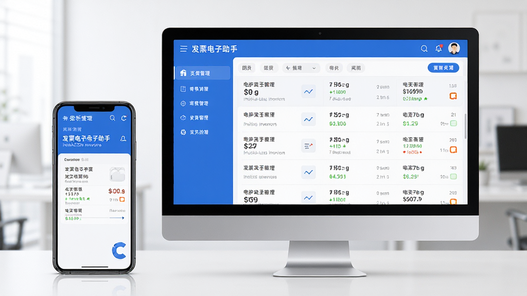 发票电子助手主界面展示,手机与电脑同步管理电子发票,界面简洁清晰,左侧功能栏,右侧发票列表,现代化UI设计风格,蓝色主色调,高分辨率,干净无多余元素
