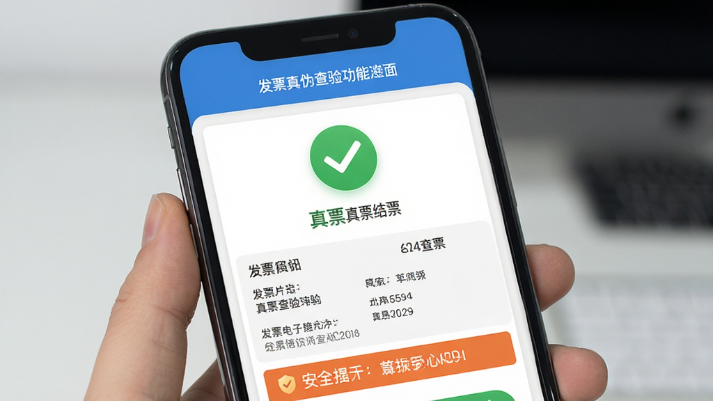 发票电子助手发票真伪查验功能界面,手机屏幕显示查验结果页面,绿色对勾图标表示真票,下方显示发票详细信息,界面简洁,安全提示明显,高清,干净无多余元素