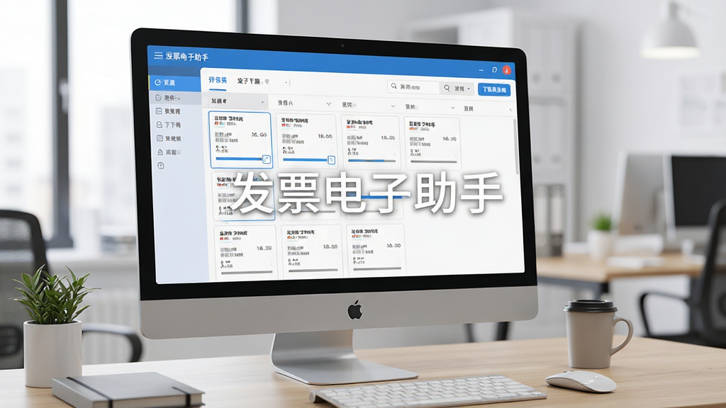 发票电子助手批量下载功能示意,电脑屏幕展示发票列表,多张发票被选中并显示下载进度条,界面有“发票电子助手”水印,现代办公风格,细节清晰,画质干净