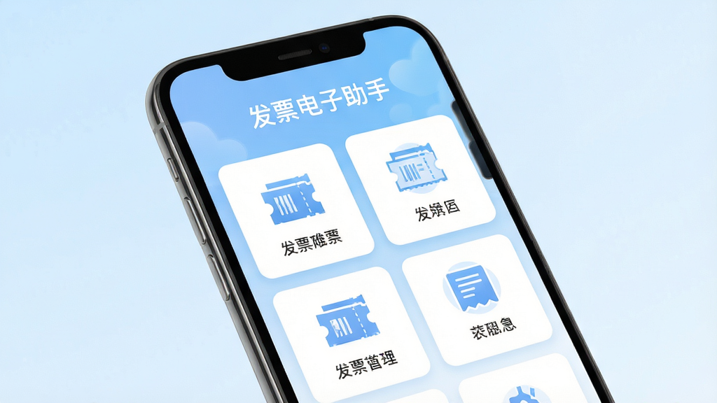 发票电子助手主界面展示,手机屏幕显示清晰的功能分区,顶部有“发票电子助手”字样,背景为浅蓝渐变,卡片式布局,图标为票据样式,整体风格简洁明亮,高分辨率渲染,干净无多余元素