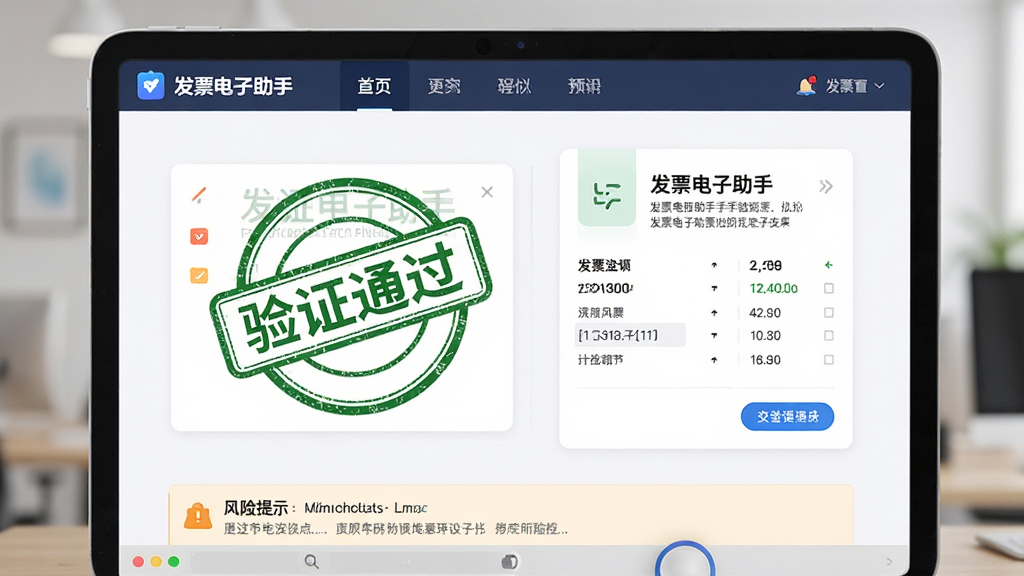 发票电子助手查验结果页面,显示绿色“验证通过”印章,旁边有发票详情卡片,底部有风险提示栏,界面清爽,产品名称“发票电子助手”出现在顶部导航栏,高精度渲染