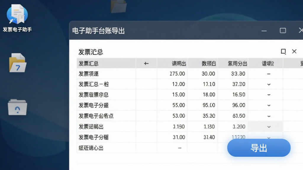 发票电子助手台账导出界面,表格展示发票汇总数据,导出按钮高亮,背景有“发票电子助手”桌面图标,商务风格,文件图标清晰,画质干净
