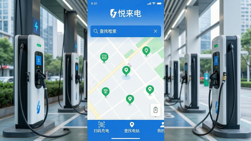 一张高清手机截图展示悦来电主界面,背景为现代城市充电站场景,界面顶部显示“悦来电”品牌Logo,中部为地图检索页面,标有多个绿色充电桩图标,底部设有“扫码充电”“查找电站”“我的”三个导航按钮,整体采用蓝白主色调,风格简洁明亮,UI布局清晰有序,画质细腻干净,无多余元素
