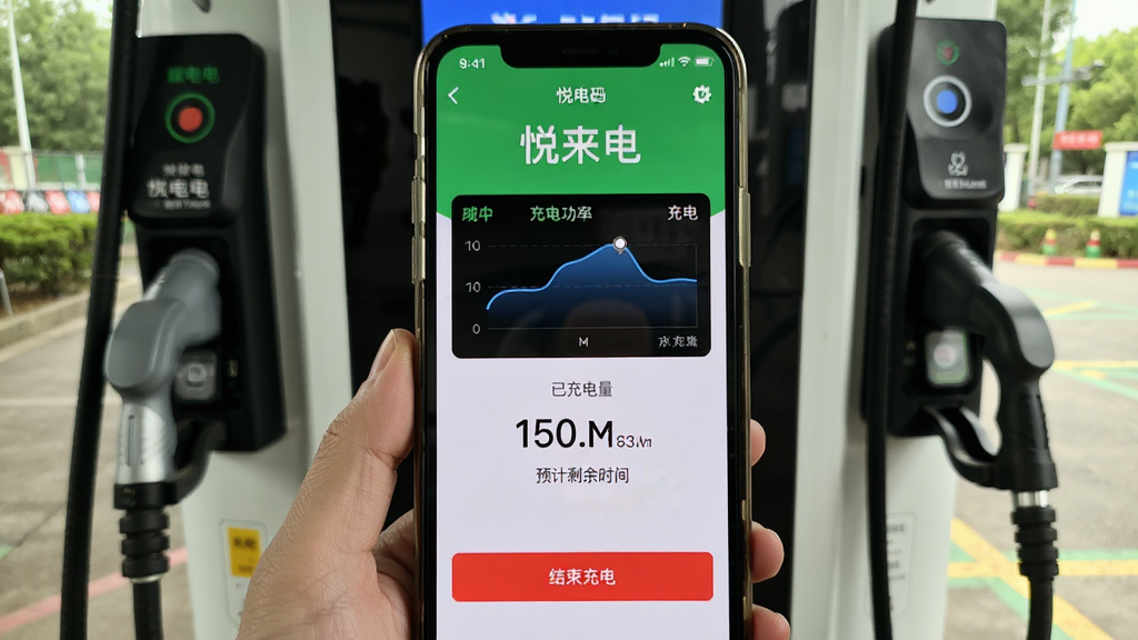 悦来电扫码充电界面截图,手机屏幕展示扫码成功后的充电控制页面,包含充电功率曲线图、已充电量数字、预计剩余时间,下方有“结束充电”红色按钮,背景为充电桩实拍场景,画面清晰,风格务实,细节真实