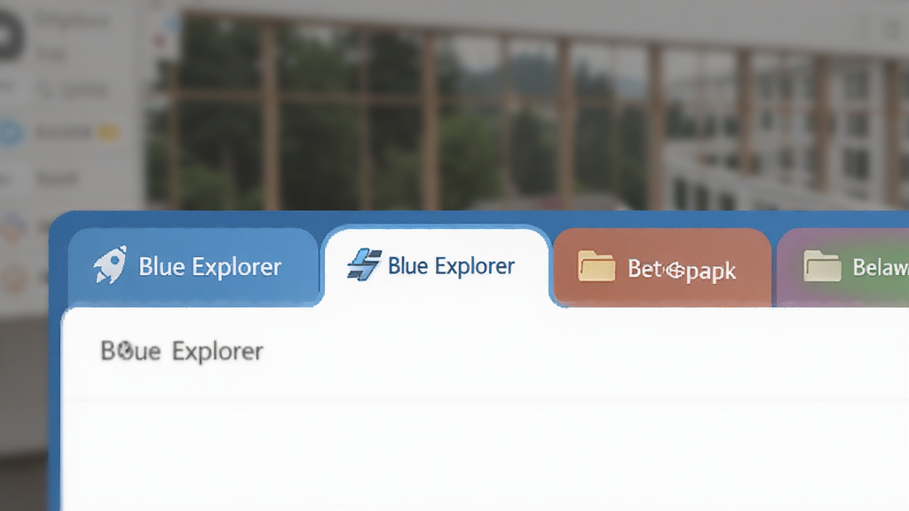 Blue Explorer的多标签页操作界面特写,显示多个彩色标签并排于窗口顶部,每个标签代表一个不同路径的文件夹,其中一个标签处于活跃状态高亮显示,背景虚化突出主体,布局扁平清晰,界面干净整洁,Blue Explorer标签功能预览图