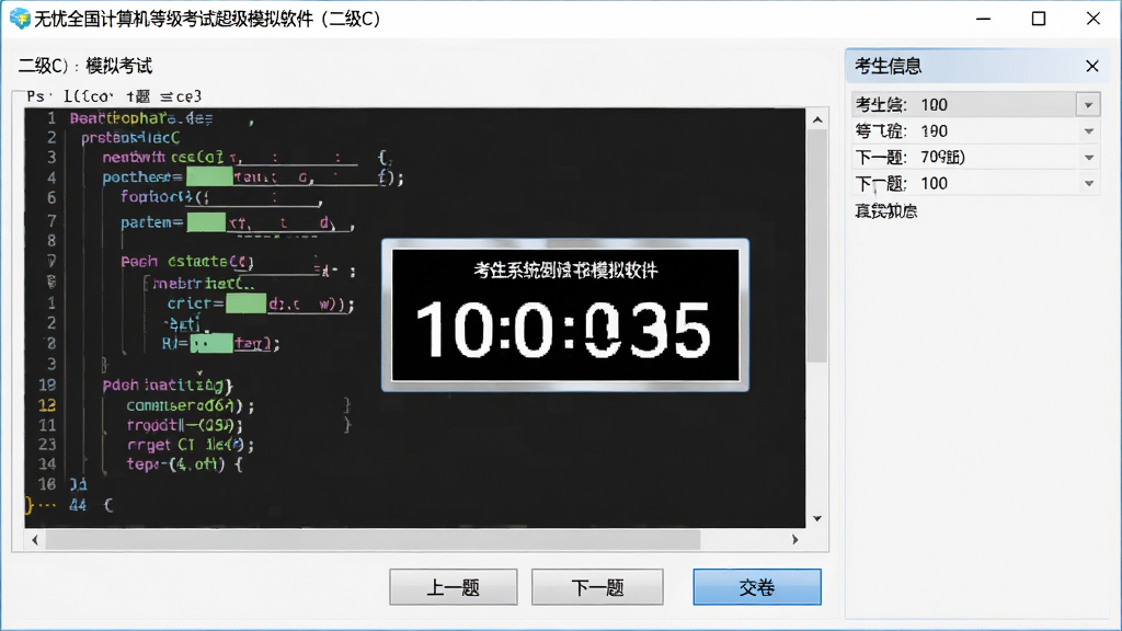 展示无忧全国计算机等级考试超级模拟软件(二级C)的模拟考试界面,画面中央为考试系统倒计时界面,右侧显示考生信息,主体区域是一道C语言程序填空题,代码区以深色背景高亮显示,底部有“上一题”、“下一题”、“交卷”按钮,整体风格类似真实机考系统,界面清晰,画质干净,无多余元素。