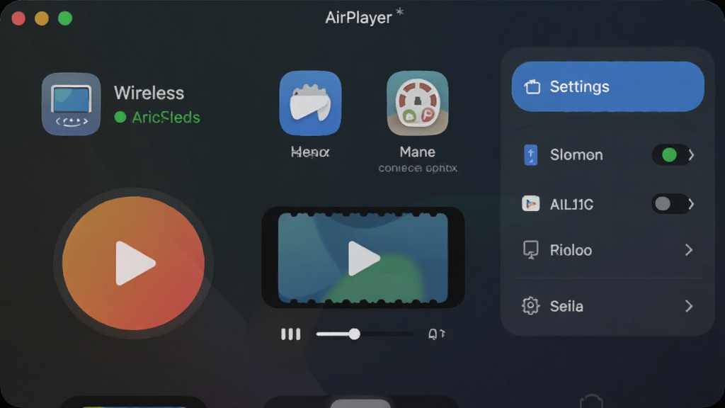 ƻ��¼����ʦ��AirPlayer���������ͼ��չʾ����������¼�����ܲ��֣�����ֱ�ۣ������豸����״̬��¼����ť��������壬�������ִ���࣬ͼ��Բ��ɫ�����£������Ű���������ʸ��塣